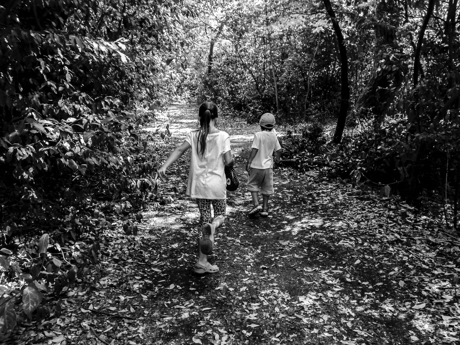 Two children walking through a field